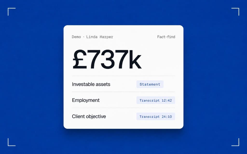 Cited fact-find card showing £737k with Statement and Transcript cite chips on a blue media stage