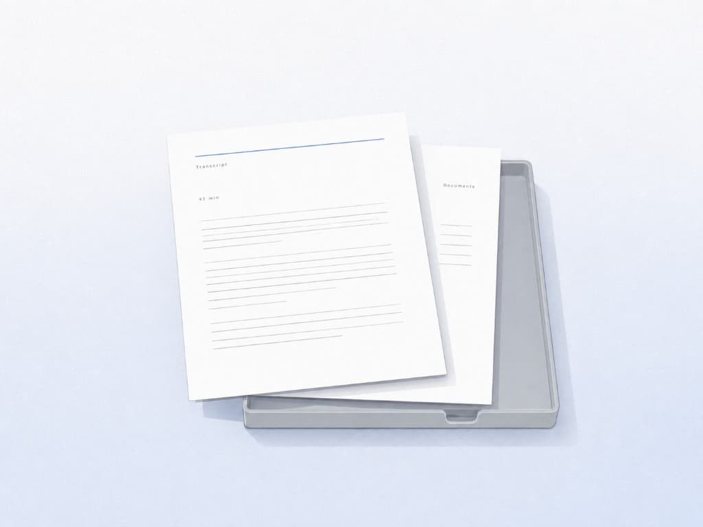 Transcript and documents resting in an intake tray on a pale dithered sky